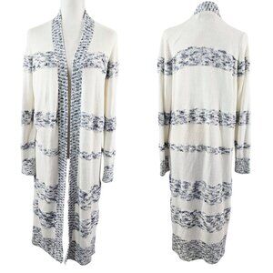 LOFT Ivory Blue Marled Stripe Longline Duster Open Front Cardigan Boho Beachy
